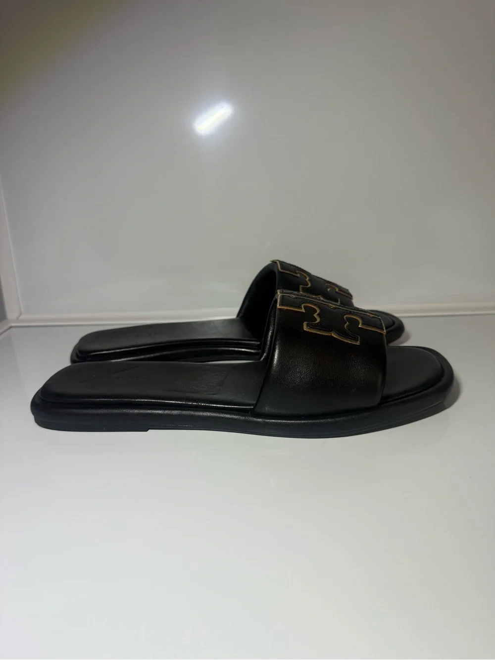 Tory Burch Black Leather Slide Mules with Gold Logo Embellishment size 9